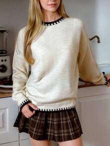 EURMUSE Women's Soft Knit V-Neck Sweater With Sparkling Rhinestone Details – Camel Brown,Jumper,Cream Jumper,Jumpers,Black Jumper,Womens Jumper,White Jumper,Women's Jumper,Women's Jumpers,Winter Clothes - Cream - View 3