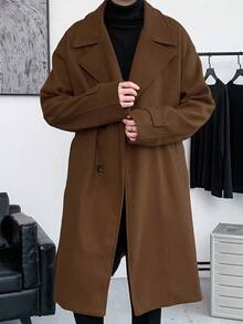 Manfinity Homme Loose Fit Men's Long Sleeve Lapel Collar Drop Shoulder Belted Overcoat, Fall Winter