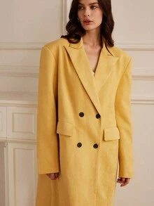 Chiquease 宽肩绒面革翻领长款双排扣通勤优雅夹克，适合秋季派对 - 黃色 - 查看 6