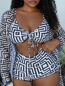 Alexandranx 夏季海滩女士泳装套装包括印花胸罩、内裤和随机图案罩衫，3 件 - 彩色 - 查看 3