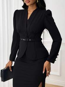SHEIN Lady Women's Solid Color Puff Sleeve Elegant Regular Jacket With Waist Buckle Design, Autumn - Black - View 1