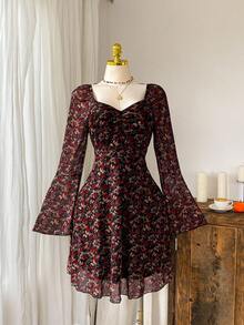 Comfortcana 大码休闲棕色枫叶印花长袖连衣裙，秋冬 - 紅色 - 查看 5