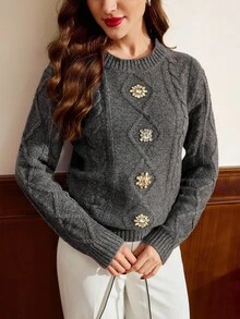 Vintamour Women's Diamond Drawstring Crew Neck Sweater Fall Sweater Gray Sweater Fall For Women Winter Christmas Women's Winter Sweater Autumn For Women Christmas For Women Christmas Sweater Thanksgiving For Women Casual For Women - Grey - View 2