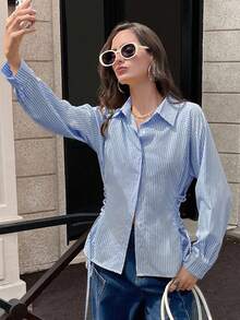 GENKIRA 法式马球领系腰修身长袖衬衫 - 淺藍色 - 查看 4