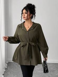 SHEIN Elenzya Plus Size Elegant Solid Color Hooded Jacket With Belt Winter Fall Autumn