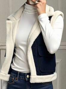 DAZY Women's Autumn/Winter Sleeveless Denim Vest With Faux Shearling Patchwork, Casual City Style Thermal Lined - Dark Wash - View 6