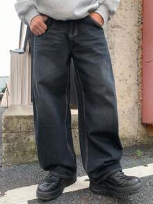 DAZY Men's Distressed Washed Black & Blue Wide Leg Jeans, Street Style For Autumn - Blue - View 6