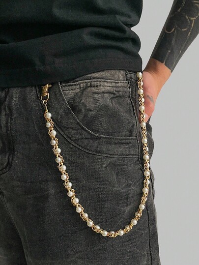 Fairycore 1pc Fashion Casual Minimalist Faux Pearl Pants Chain, Wrapped Iron Alloy Chain, Men's Personalized Accessory, For Pants Decoration, Holiday Gift