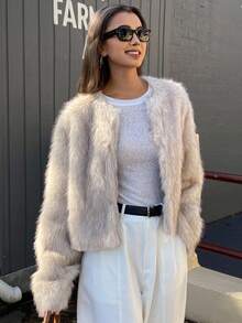 DAZY 女士加厚蓬松外套，秋冬新款女式外套 - 杏色 - 查看 6