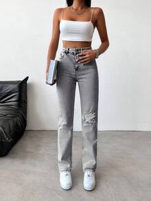 RueChic 98%Cotton High Waist Ripped Straight Leg Jeans - Grey - View 3