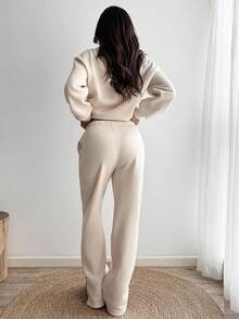 Sunnyshic 女士纯色圆领宽松落肩休闲百搭运动衫套装 - 杏色 - 查看 2