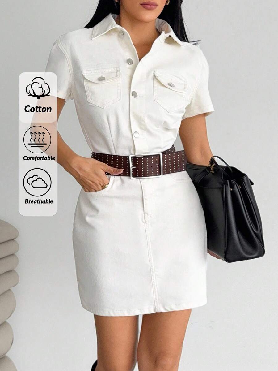 EURMUSE Mini Button And Belt Detailed Denim Dress - White - View 1