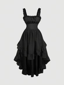 SHEIN MOD Váy dài màu đen không tay xếp nếp phong cách cung điện cổ điển viền bất đối xứng thanh lịch lãng mạn cho nữ, mùa thu, mùa thu, sang trọng, trang phục biểu diễn - màu đen - Xem 3