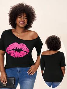 Comfylo Plus Lip Print Asymmetrical Neck Tee Business Casual Fall Clothes Plus Size - Black - View 2