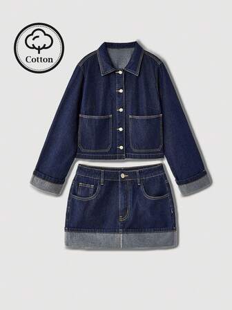 Maija Conjunto de mujer de mezclilla azul oscuro con chaqueta de mezclilla de manga larga y falda con dobladillo plegado, nuevo estilo coreano casual de oficina para otoño e invierno, estilo Ins, abrigo de otoño de 2 piezas, conjunto de mezclilla para mujer