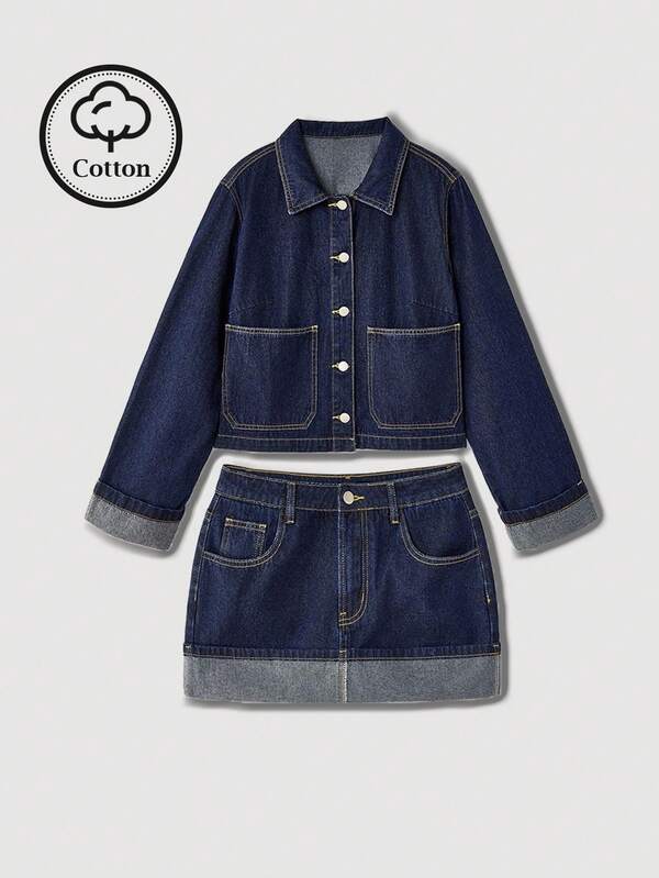 Maija Women's Dark Blue Denim Suit Long-Sleeved Denim Jacket And Folded Hem Skirt 25 Autumn And Winter New Korean Casual Wear Office Outfits For Women Ins Style Autumn Coat 2 Pieces Denim Set Women