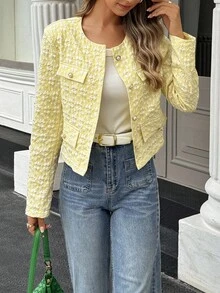 Selianne Women's Casual Jacquard Front Button Round Neck Jacket, Autumn