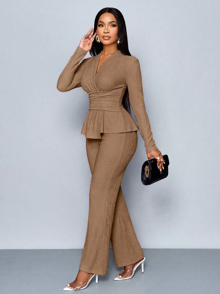 SOLERSUN Women's Apricot Color Elegant V Neck Long Sleeve T-Shirt And Wide Leg Pants Two Pieces Set,Asymmetrical Hem Two Pieces Outfits,Casual Daily Wear,Winter Clothes For Women Fall Cloth For Women - Brown - View 1