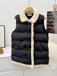 SHEIN Tween Girl Button Decor Solid Color Sleeveless Padded Coat,Casual & Versatile Black Winter Modest Puffer Vest For Date,School,Travel & Daily Wear - Black - View 4