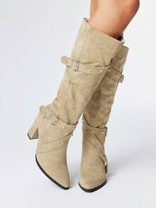 ROMWE Grunge Punk Giày bốt cao đến đùi mũi nhọn gót dày mới 2025 dành cho nữ, giày bốt cưỡi ngựa đa năng chống trượt có dây khóa - Màu Khaki - Xem 1