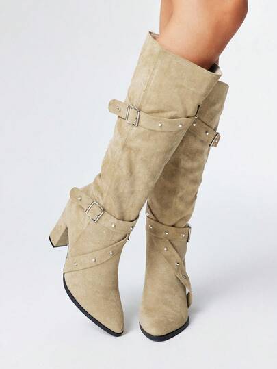 Grunge Punk Stivali alti sopra il ginocchio da donna con tacco chunky e punta affusolata, modello 2025, con fibbia e suola antiscivolo, versatili e adatti per cavalcare