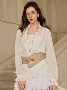 Savoree Women's Elegant Handmade Floral Collar Decorative Loose Lightweight Long Sleeve Shirt, Autumn Winter,Long Sleeve Tops