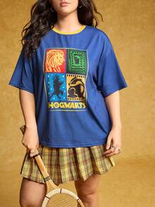 HARRY POTTER X SHEIN Plus Size Letter & Animal Graphic Round Neck Short Sleeve T-Shirt - Blue - View 6