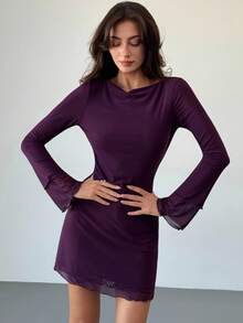 Aloruh Women's Sexy Backless Mesh Vintage Purple Mini Bodycon Fitted Dress, Autumn/Winter - Purple - View 6