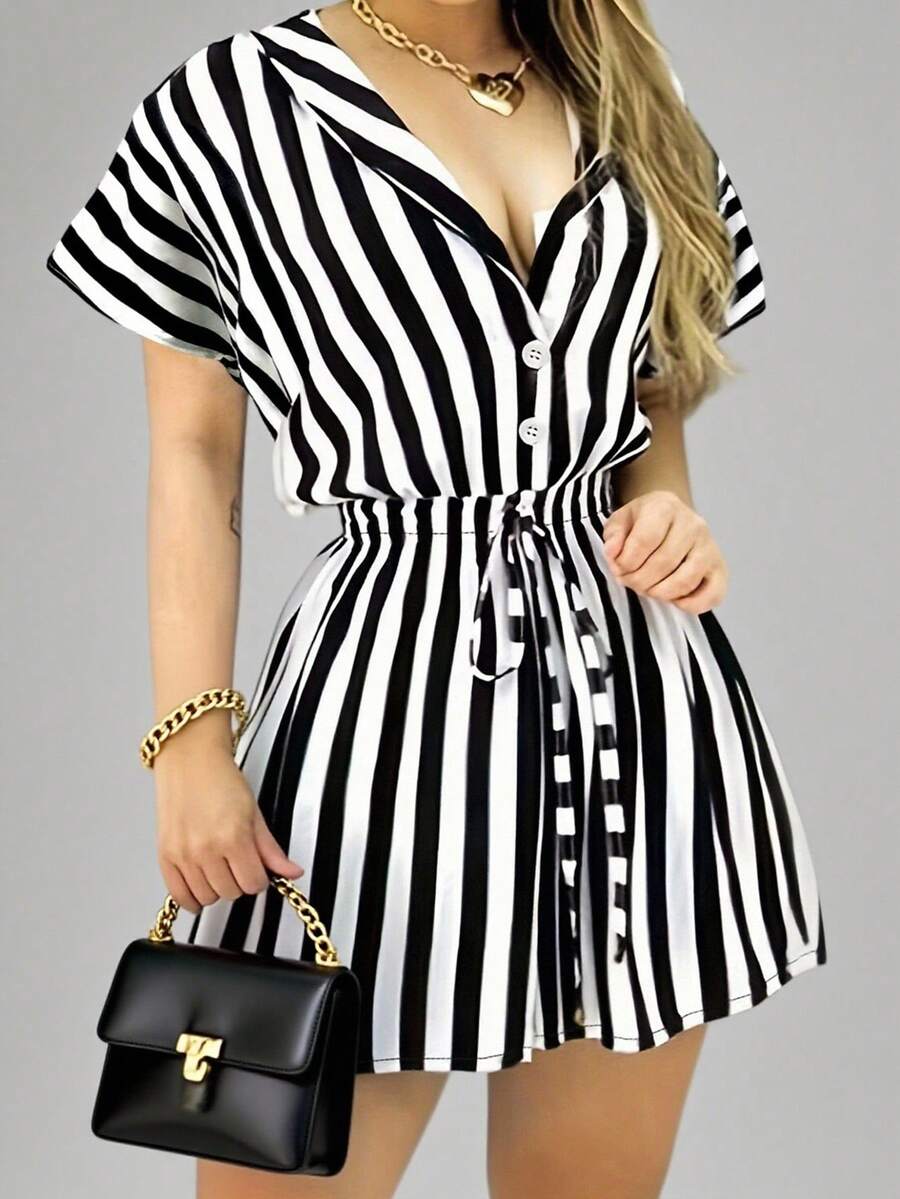 Chiquease Women's Jumpsuit With Short Bat Sleeves, Button-Up Striped Print - Black and White - View 1