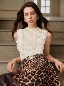 Anewsta Savoree Elegant Fashion Heavy Beaded & Rhinestone Floral Decor Stand Collar Lace Trim Double Layer Hollow Ruffle Hem Sleeveless Apricot Blouse For Women