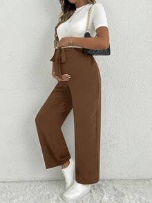SHEIN Maternity Casual Solid Color Knotted Waist Wide Leg Loose Pants Brown Pants Wide Leg Pants Bow Pants Women Wide Leg Pants