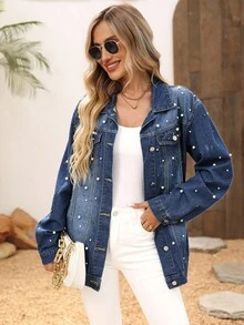 EMERY ROSE Áo khoác denim thường ngày đính ngọc trai cho nữ, trễ vai - Màu xanh lam - Xem 6
