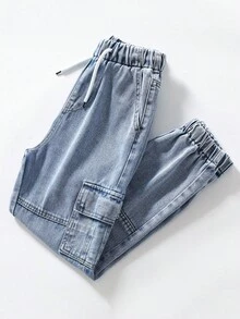 Quần jean cargo dáng rộng thoải mái, nhiều túi, cạp chun co giãn, ống quần có dây rút, phong cách đường phố cổ điển, thích hợp cho bé trai tuổi teen mùa thu đông. - Rửa nhẹ - Xem 3