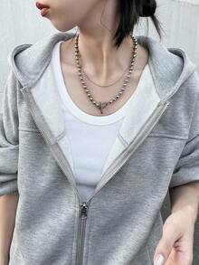 FRIFUL Women's Floral Gray Hooded Drop Shoulder Long Sleeve Drawstring Hem Zipper Closure Loose Casual Versatile Fleece Sweatshirt, Autumn Jacket,Winter Hoodies - Grey - View 7