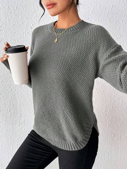 EMERY ROSE Women's Solid Color Minimalist Crew Neck Long Sleeve Knit Pullover Sweater, Everyday Wear