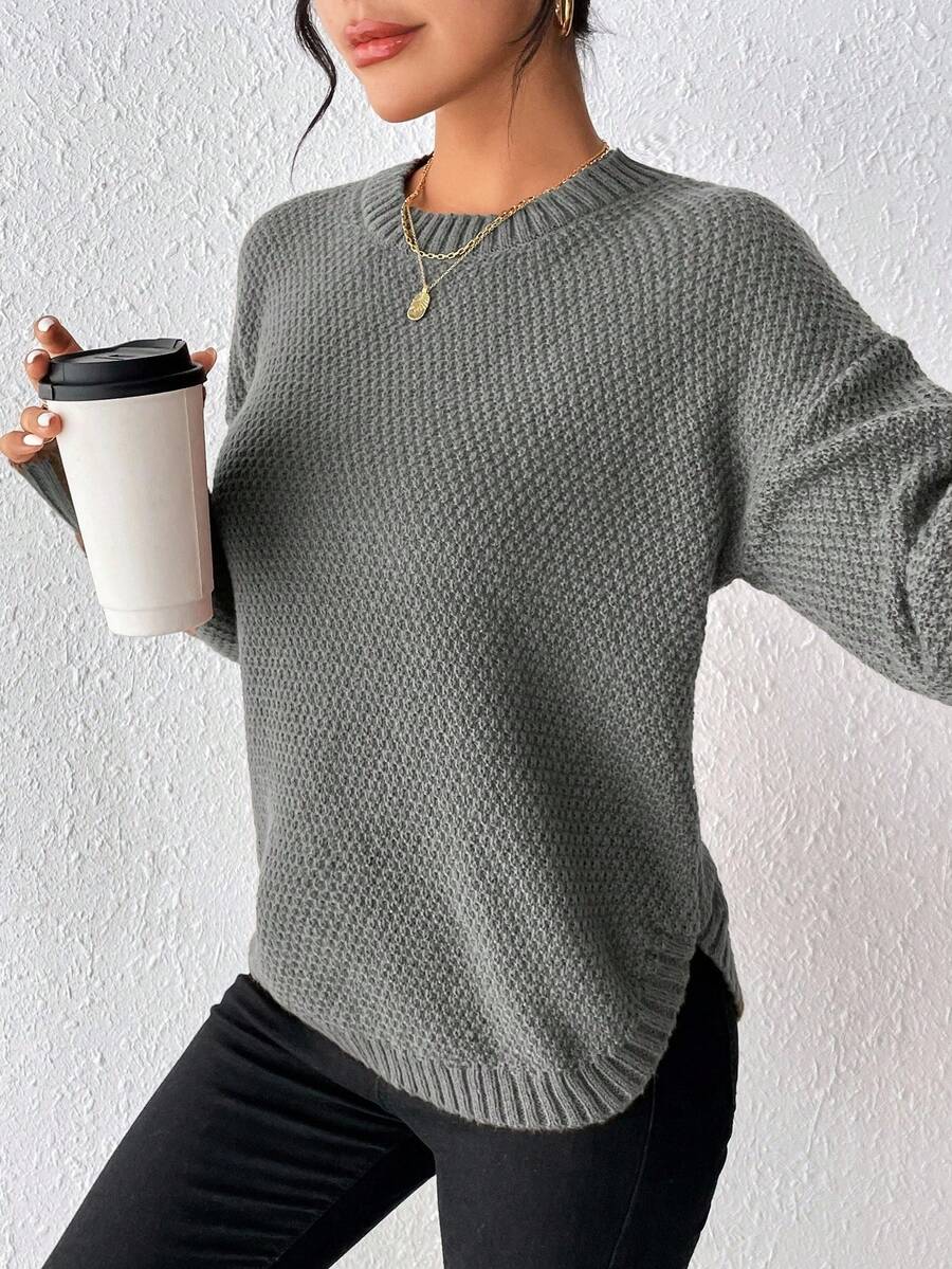 EMERY ROSE Women's Solid Color Minimalist Crew Neck Long Sleeve Knit Pullover Sweater, Everyday Wear - Grey - View 1