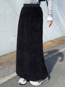 FRIFUL Women's Black Solid Color Fuzzy Textured Elastic Waist Loose Casual Versatile Straight Long Skirt, Autumn/Winter - Black - View 6