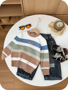 SHEIN 男童多色提花针织百搭可爱套头毛衣，面料厚实柔软舒适，适合居家、外出、上学等场合，秋冬季保暖内衬