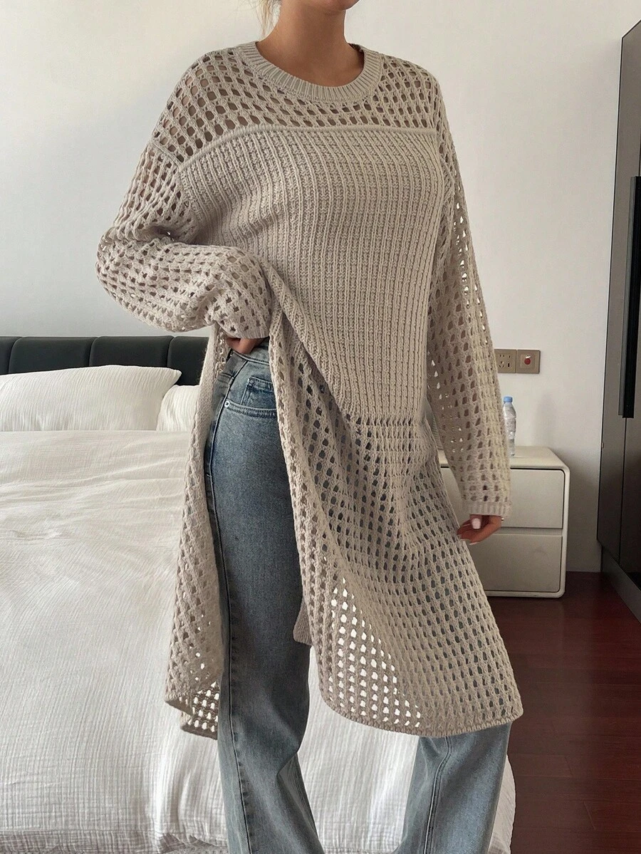 DAZY French Style Hollow Out Midi Dress, Layered Coverup Dress For Vacation Sweater Dress - Apricot - View 1