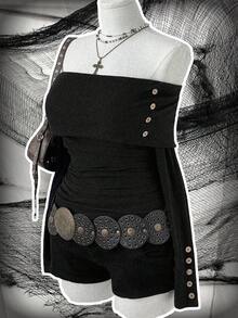 Sunspun Áo thun bodycon tay dài hở vai tối giản gợi cảm màu trơn - màu đen - Xem 1