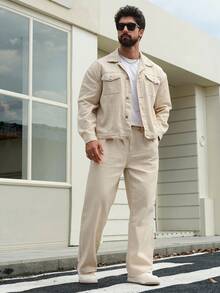 DAZY Solid Color Washed Casual Street Style Men's Denim Suit, Autumn - Khaki - View 3