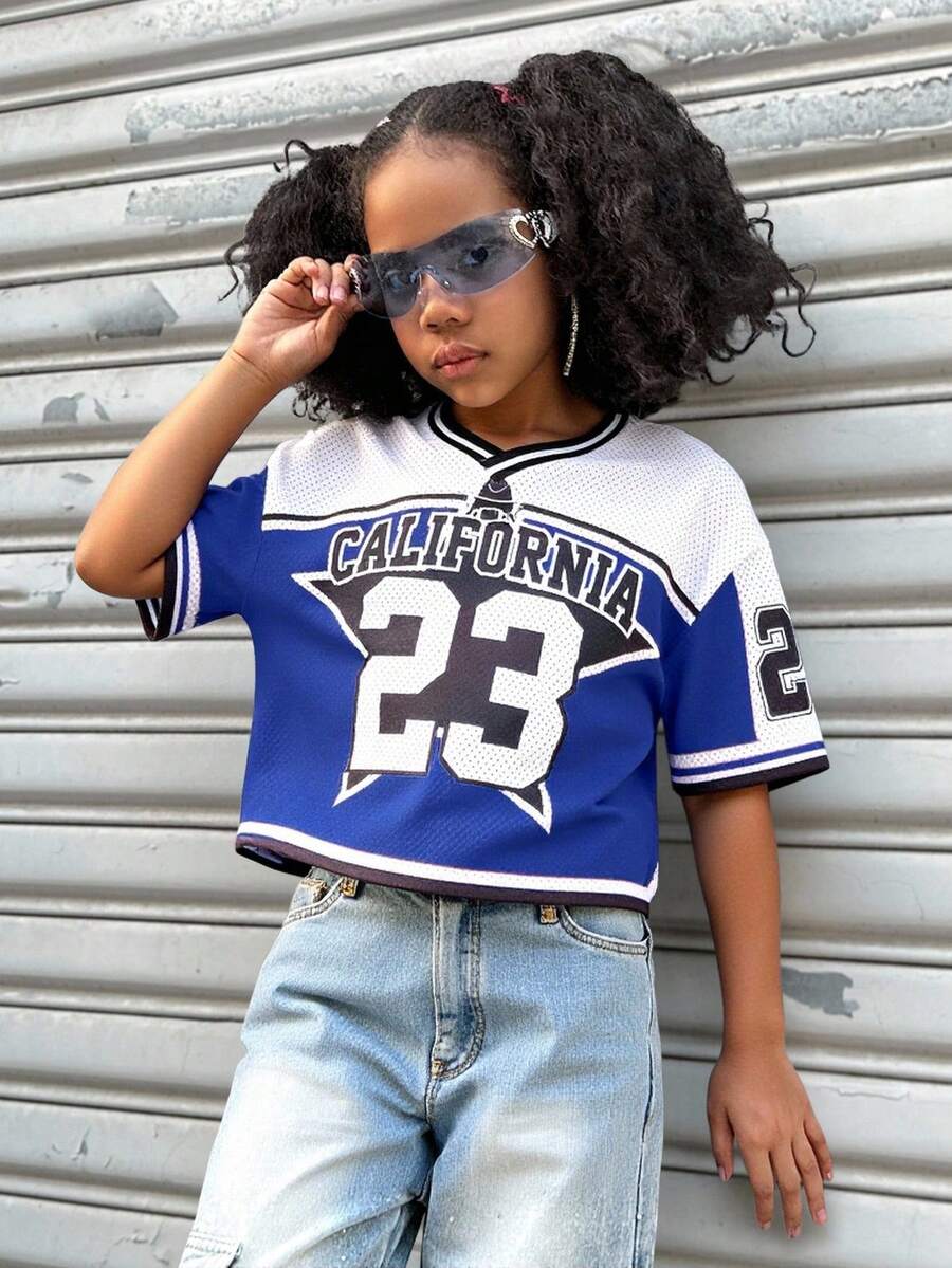 Coolane 少女秋季针织T恤，街头风图案蓝色V领露脐短款T恤，针织露脐上衣，返校季，返校节，酷女孩 - 藍色 - 查看 1