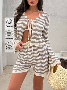 EURMUSE Chic Women's Two-Piece Set In Baby Pink With Ruffled Knit Shorts And Matching Cropped Top - Multicolor - View 1