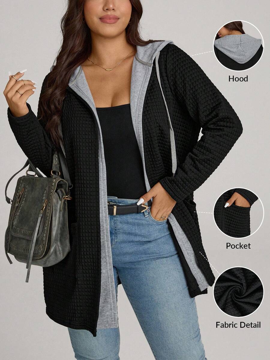 Comfylo Plus Size Color Block Double Layer Textured Fabric Faux Twofer Pocket Jacket, Long Sleeve Fall Clothes For Women Fall Outfits Women Winter Autumn - Black - View 1