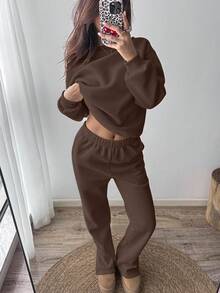 SHEIN Unity 女士纯色圆领宽松落肩休闲运动服 - 棕色 - 查看 8