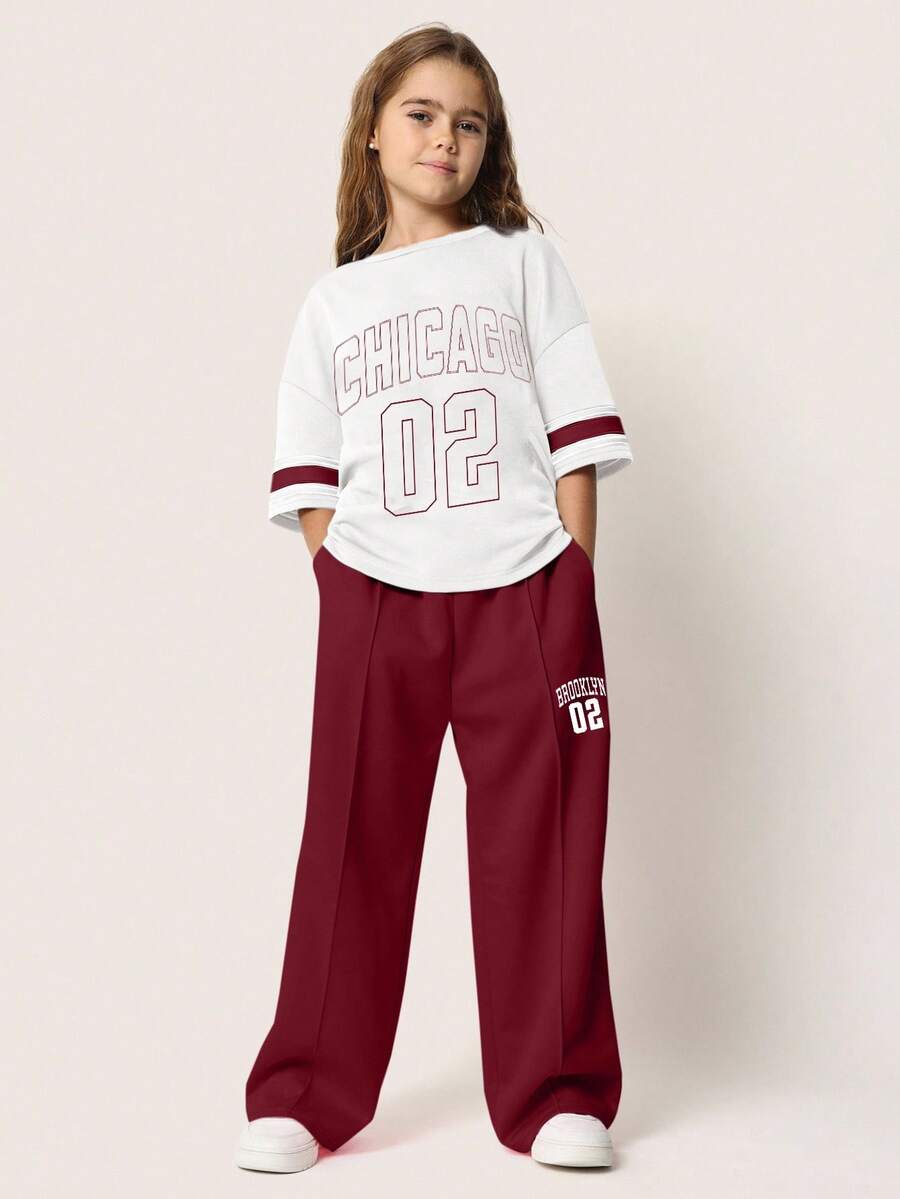 SUMWON Tween Girls Chicago 02 校队风格套装秋冬运动衫阔腿裤两件套休闲街头服饰 - 紅色 - 查看 1