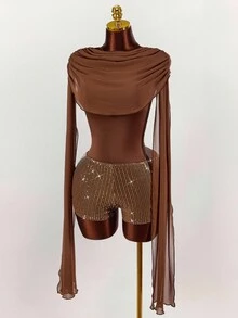 Amplova Bộ 2 món áo dài tay xếp ly màu trơn và quần short chắp vá sequin gợi cảm dành cho nữ - màu nâu - Xem 3