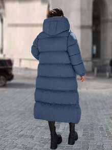 EURMUSE Long Padded Coat Keeping Warm With Big Two Pockets - Dusty Blue - View 2