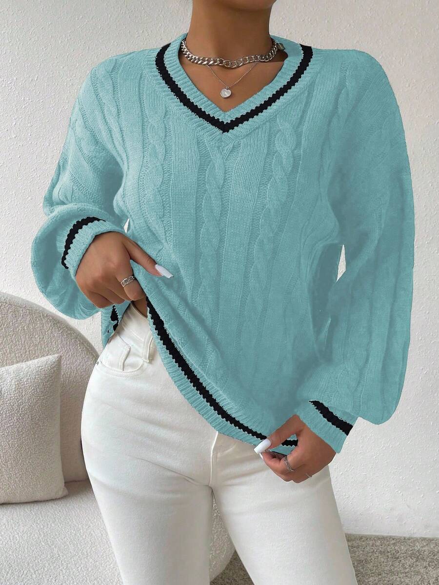 EMERY ROSE Jersey de cuello en V con ribete de color contrastante, otoño/invierno - Celeste - Ver 1