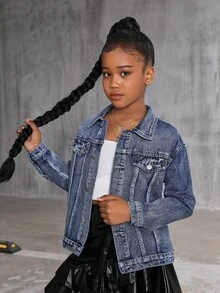 Girls' Oversized Dark Blue Denim Jacket, Casual BF Style, Distressed Wash, Suitable For Daily Wear, Outdoor, Spring/Autumn/Winter Fall - Dark Wash - View 3